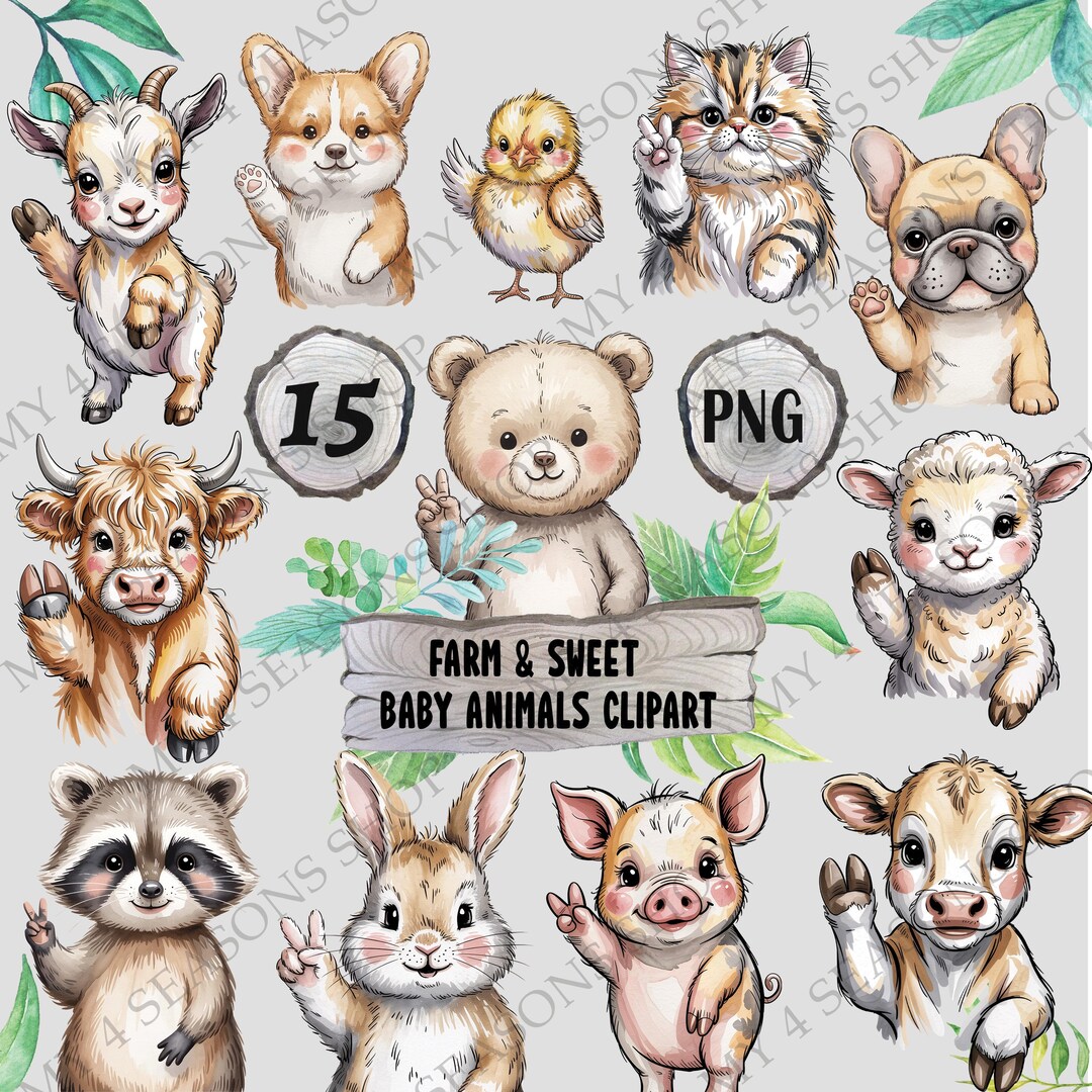 Farm & Sweet Baby Animals Clipart Bundle, Watercolor Baby Farm Animals ...