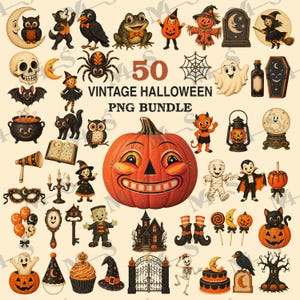 May include: A collection of 50 vintage Halloween-themed digital illustrations featuring a large central jack-o'-lantern, ghosts, black cats, witches, skeletons, bats, spiders, pumpkins, a haunted house, and various festive icons on a cream background.
