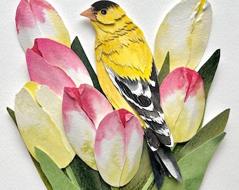 Original Framed Paper Goldfinch/Original Bird Art