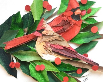 Framed Paper Cut Cardinals/Original Paper Bird Art