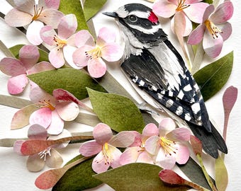Original Framed Paper Woodpecker/Original Bird Art