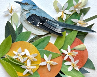 Original Framed Paper Mockingbird /Original Bird Art