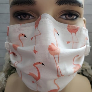 PINK FLAMINGO, MEDIUM size, Pocket face mask with filter with pocket for filter with flat wire nose piece with pleats pleated made in usa
