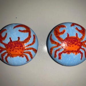 Peut inclure: Deux pierres peintes avec un fond bleu et un motif de crabe rouge et orange.