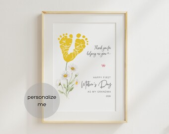 Daisies Mother's Day Footprint Art Gift for Grandma | Flower Handprint Craft for babies, infants, toddlers and kids | Canva template
