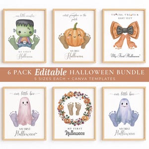 May include: A set of six framed Halloween-themed digital prints featuring illustrations of a Frankenstein monster, a pumpkin, a bow, and ghosts, all incorporating baby footprints and the text My First Halloween in various decorative fonts.