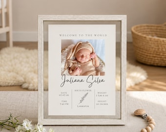 DIY Birth Announcement Sign with Photo | Editable Baby Arrival Sign Template | Birth Stats Sign Print | Birth Flower Nursery Art