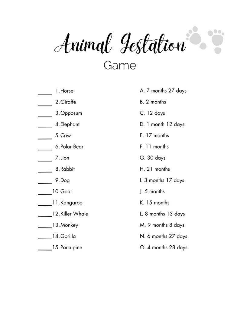 Animal Gestation Game for Baby Shower or Gender Reveal, Animal ...