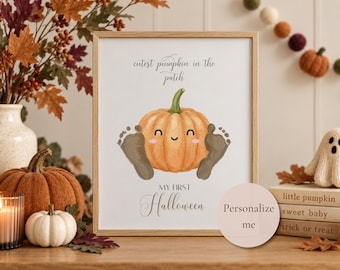 Cutest Pumpkin in the Patch Halloween Craft | Personalized My First Halloween Printable Footprint Art Sign (editable with Canva template)