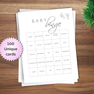 100 Druckbare Baby Bingo Spiel Karten für Baby Shower oder Gender Reveal, Baby Shower Bingo vorgefüllte einzigartige Tafeln und Visitenkarten