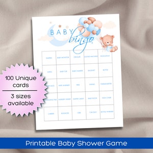 100 schede bingo per baby shower a forma di orsetto / Schede bingo precompilate per baby shower o modello di gioco per rivelare il sesso del bambino / modificabili con Canva