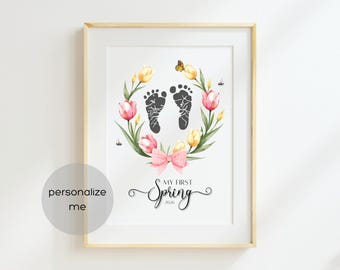 My First Spring Handprint Footprint Craft for baby, infant, toddlers and kids (editable, digital download)