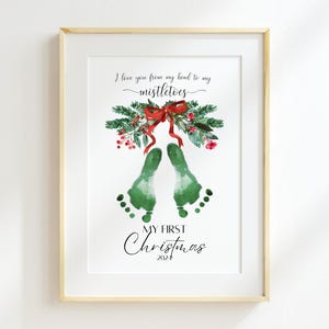 Empreinte de pas de gui, souvenir d'art et d'artisanat de mon premier Noël de bébé, panneau d'empreinte de gui personnalisable bricolage, artisanat d'empreinte de main de Noël