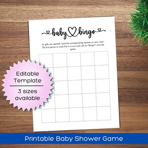 Modello di schede Bingo per Baby Shower vuote stampabili / Schede Bingo per Baby Shower vuote modificabili / Schede Bingo personalizzabili per Baby Shower