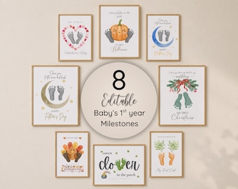 Baby's 1st Year Milestone Footprint Art Bundle | Editable Holiday Keepsake (Digital Download)
