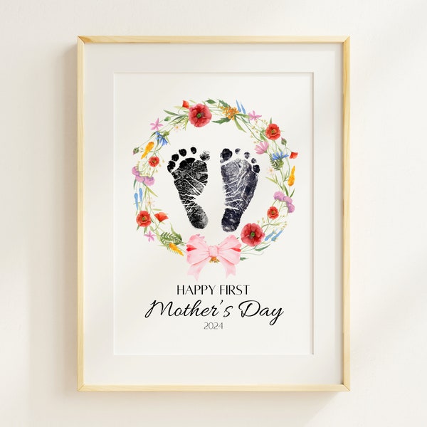 Bonne première fête des mères, empreinte de pas, souvenir artistique et artisanal, 1er cadeau de fête des mères imprimable de bébé, carte imprimable pour la fête des mères