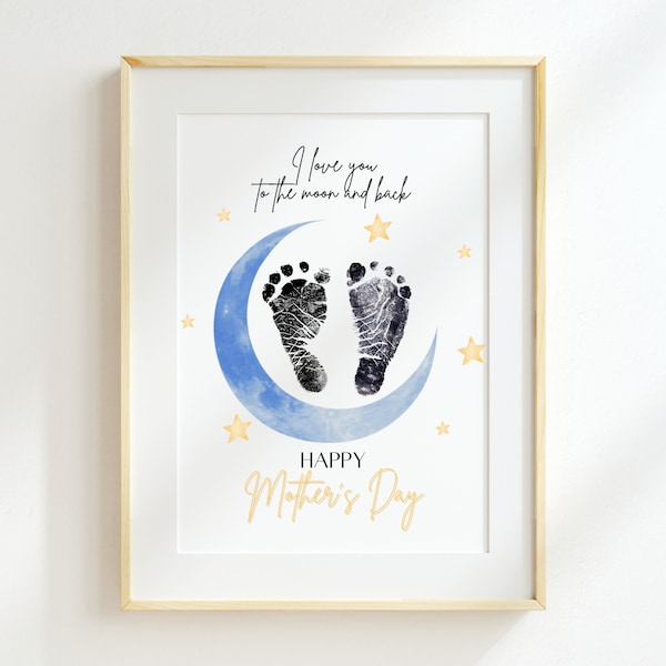 Je t'aime jusqu'à la lune et le dos pour la fête des mères, souvenir artistique et artisanal d'une empreinte de bébé, cadeau imprimable pour la fête des mères à maman, cadeau empreinte de pied