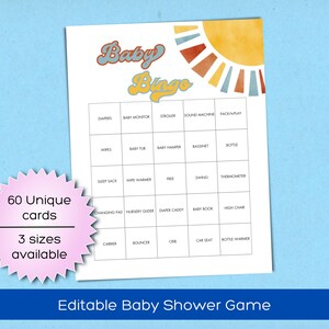 Ecco che arriva il figlio Baby Shower Bingo stampabile - 60 carte / Ecco che arriva il sole Schede Bingo per bambini precompilate / Modificabile con modello Canva