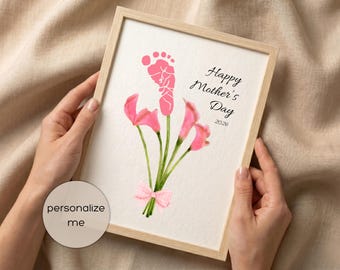 Första mors dag-blomfotavtryckspyssel för bebisar, spädbarn och småbarn | Utskrivbar mors dag-present från bebis | Redigerbar Canvas-mall