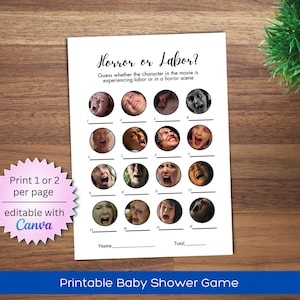 Labor or Horror Printable Game for Baby Shower or Gender Reveal, Horror or Labor funny baby shower game, Adult baby shower games