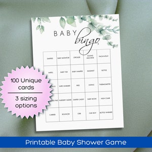 100 Baby Shower Bingo Spiel Karten für Baby Shower oder Gender Reveal, Baby Bingo Spiel vorgefüllte einzigartige Bretter, Eukalyptus Baby Shower Bingo