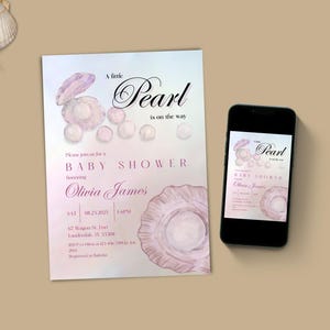 Modelo de convite para chá de bebê ou revelação do sexo do bebê &quot;A Little Pearl is on way&quot;, convite para chá de bebê &quot;Ocean Baby Shower&quot; | PBSIV1