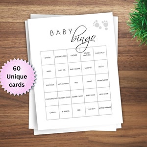 60 schede precompilate Baby Bingo per Baby Shower / Schede precompilate Baby Shower minimaliste / Usa PDF o modifica con il modello Canva