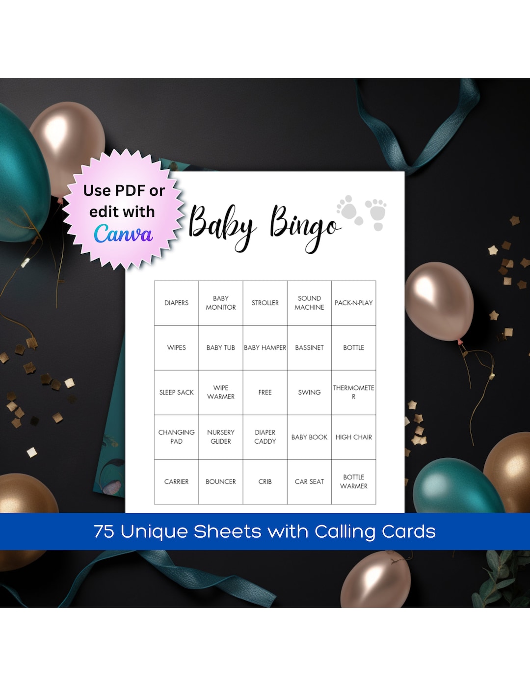 75 Printable Baby Bingo Game Cards for Baby Shower or Gender Reveal ...