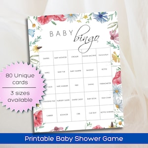 80 cartes de jeu de bingo pour baby shower préremplies champ de fleurs sauvages, planches de bingo florales pour baby shower ou révélation de genre, bingo bébé en fleurs