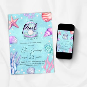 Uma pequena pérola está a caminho. Modelo de convite digital para chá de bebê ou revelação do sexo do bebê, convite para chá de bebê no fundo do mar e oceano | PBSIV3