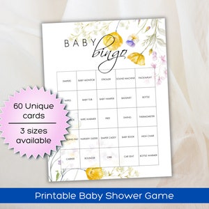 60 carte da gioco del baby shower bingo precompilate con fiori di campo / carte del baby bingo per baby shower o rivelazione del sesso / modello Canva modificabile