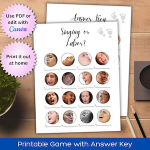 Labor or Singing Game for Baby Shower or Gender Reveal, printable game with Answer Key, edit with Canva template or use PDF