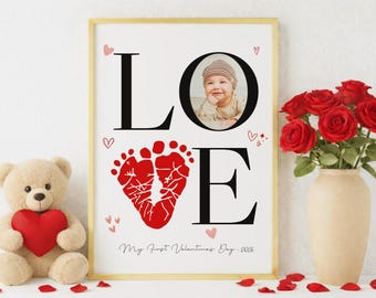 Baby Valentine Footprint Printable Craft with photo, infant Valentine Craft, Love Footprint Sign, My First Valentines footprint art