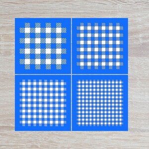 May include: Four blue squares with a white gingham pattern. Each square has a different size and orientation of the gingham pattern.