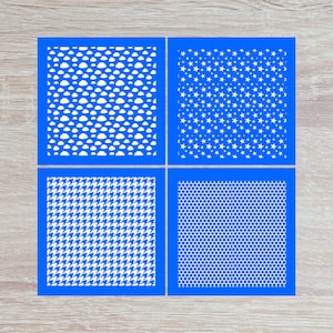 May include: Four blue squares with white patterns. The top left square has a repeating cloud pattern. The top right square has a repeating star pattern. The bottom left square has a repeating houndstooth pattern. The bottom right square has a repeating honeycomb pattern.
