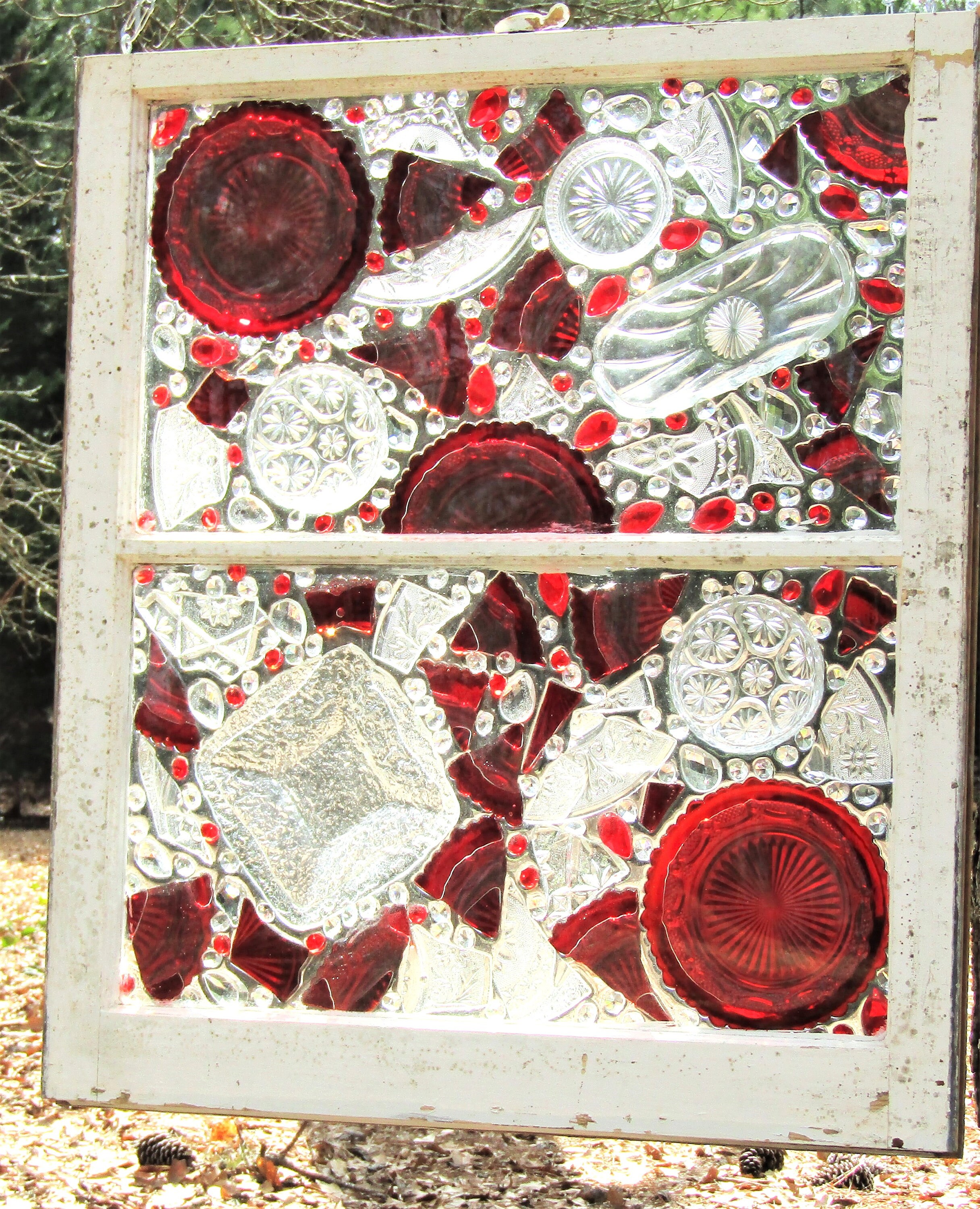 Suncatcher Window With Vintage  Ruby Glass Ware and Chandelier Prisms