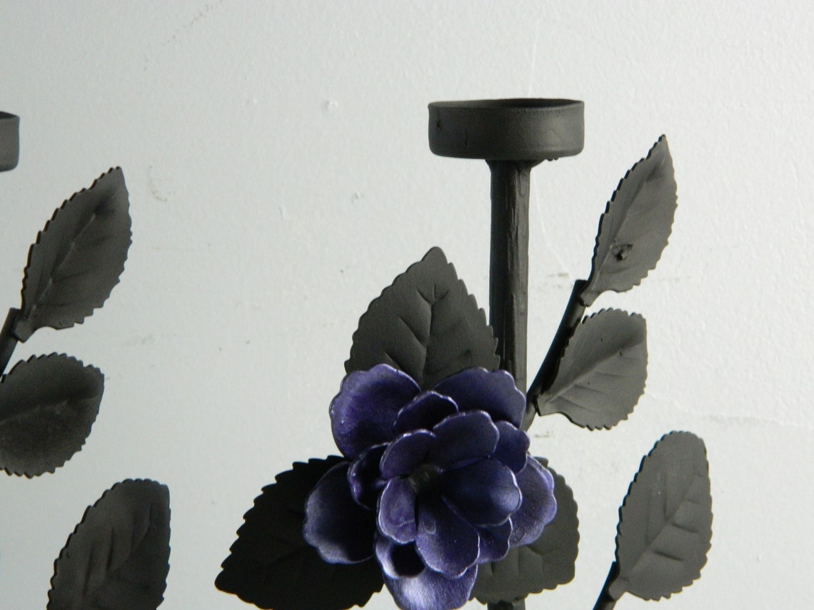 Black Metal With Purple Metallic Rose Candle Holder Pair Etsy Australia