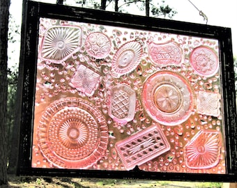 Suncatcher Window With Vintage Glassware Black Distressed Painted Vintage Wood Framed Window Featuring Chandelier Prisms in Pink Epoxy Resin