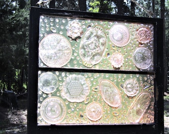 Suncatcher Window With Vintage Glassware With Pale Pink Depression Glass Resin and Clear Glassware Navy Distressed Wood Frame