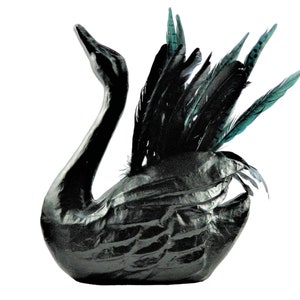 Papier Mache Black Swan Vase with Feather Arrangement