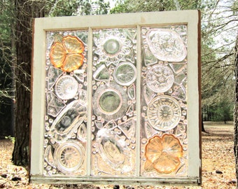 Suncatcher Window With Vintage Glassware Featuring Various Pieces of Glassware Including Carnival Glass