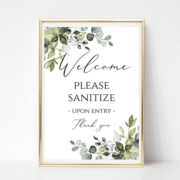 Welcome please sanitize sign Printable welcome poster Eucalyptus 4x6 5x7 8x10 Instant download PDF JPEG signs