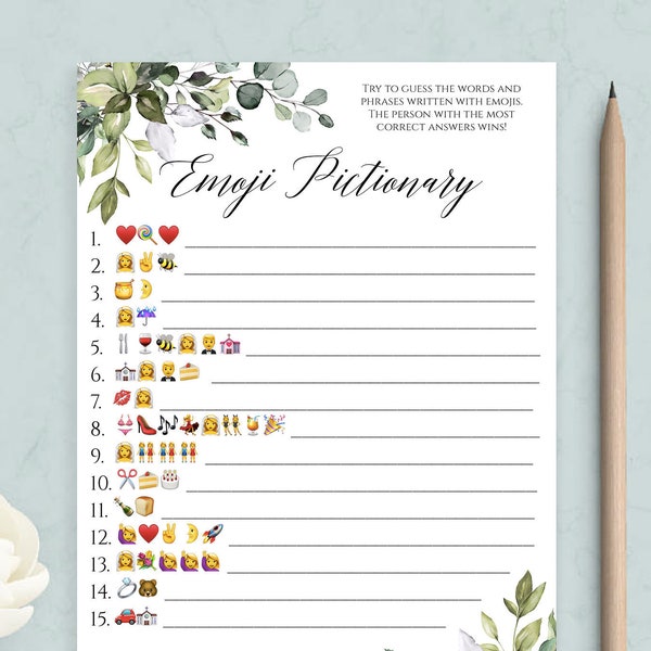 Emoji pictionary Greenery Bridal Shower game printable Eucalyptus Bridal Emoji game template Instant download PDF JPEG