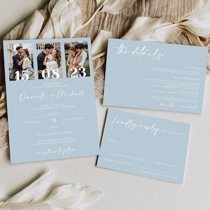 Dusty Blue Wedding Invitations, Wedding Invitation Set Template, Photo Wedding Invitation Suite, Editable & Printable, TEMPLETT