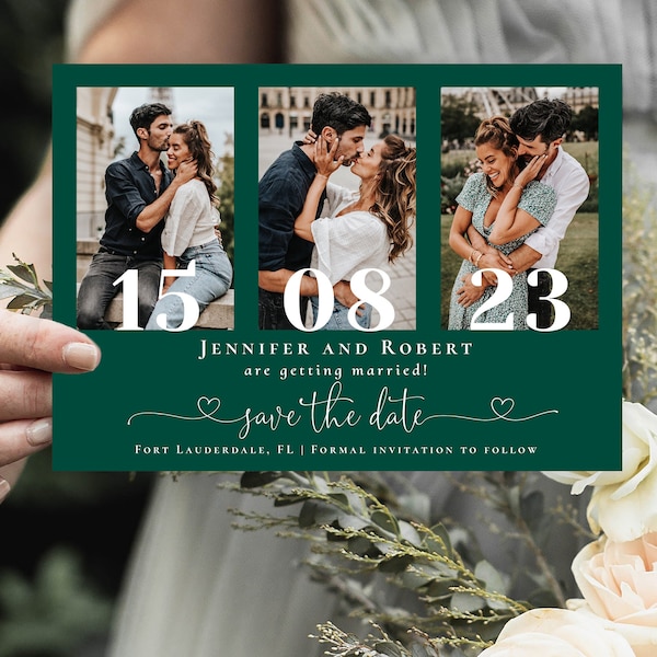 Emerald Green Save the Date Template, Photos Save the Dates, Save the Date Multiple Photos, Editable Cards with Templett