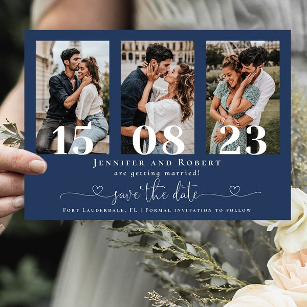 Navy Blue Save the Date Template, Save the Dates with Multiple Photos, Editable Cards, Printable Photo Collage Invitation