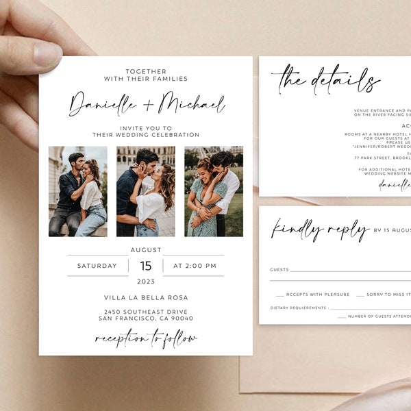 Photo Wedding Invite Set, Wedding Invitation Template Suite, Photo Collage Wedding Invitation, Editable & Printable, TEMPLETT