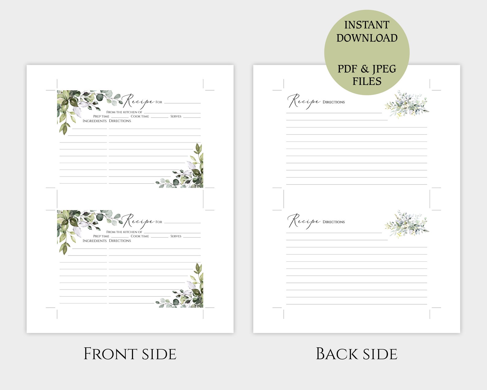 Eucalyptus Recipe cards 4x6 template for Bridal Shower Blank Etsy