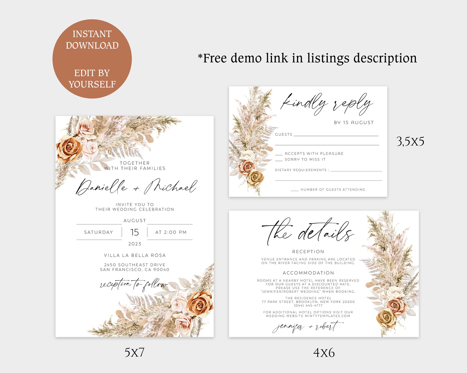Pampas Grass Wedding Invitation Template Boho Wedding - Etsy