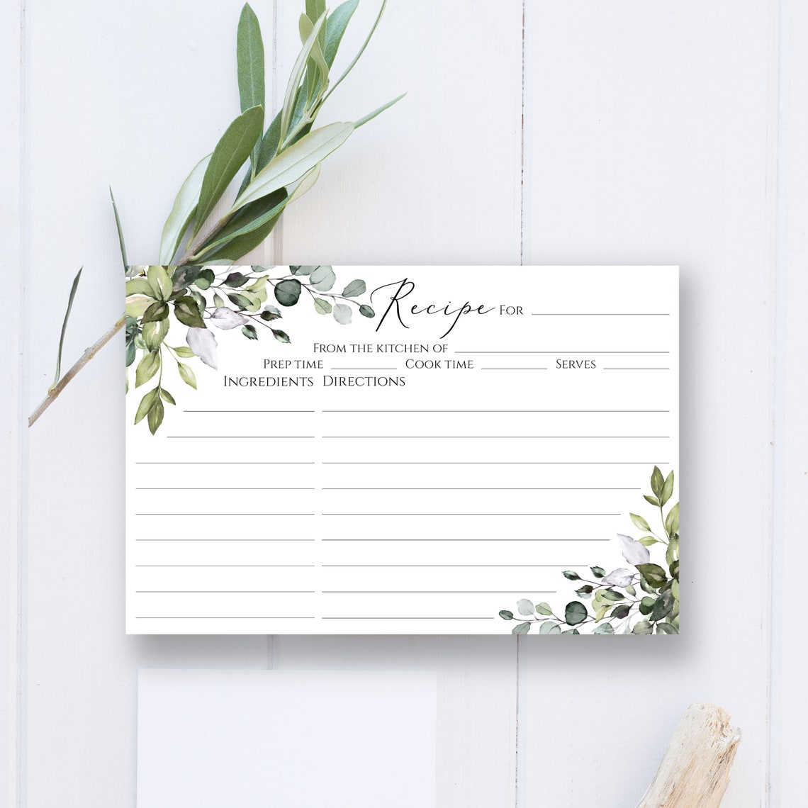 Eucalyptus Recipe cards 4x6 template for Bridal Shower Blank Etsy